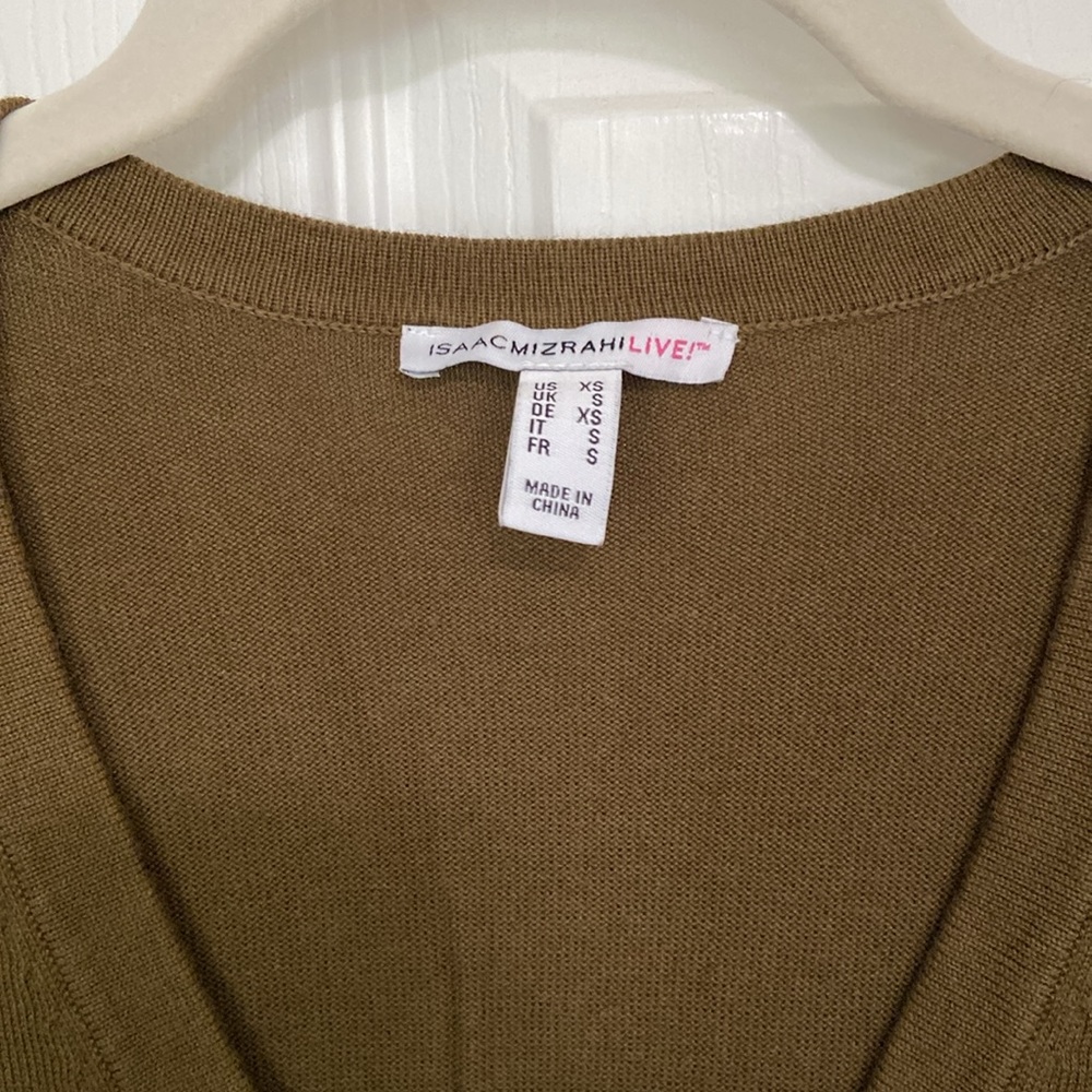 2 Isaac Mizrahi Olive Button Sweater Cardigan - Short Sleeve Open Weave, Peplum - Picture 2 of 14